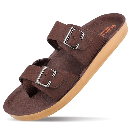 Image of Walkaroo Men's Double Buckle Slide Sandals|Open Toe Casual Flat Slippers,Adjustable Buckle Straps, Soft Cushioned Footbed, Fabric Upper,Lightweight Flexible Sole |Casual, Daily Wear, Home, Travel, Shopping&Comfortable Wear Sandals for Men's|WGR53044