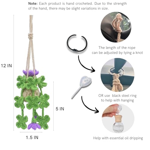 Image of ROFIGL Handmade Crochet Hanging Car Air Freshener - Lucky 4-Leaf Clover Charm with 12ml Refillable Glass Essential Oil Diffuser Bottle, St. Patrick's Day Car Accessories & Bedroom Lucky Decor