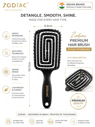 Image of Zodiac Vented Detangling Hair Brush for Women & Men | Anti-Tangle Flexible Bristles | Wet & Dry Use | Styling Comb