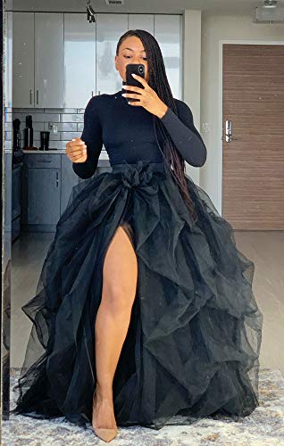 Womens Maxi Tulle Long Skirts High Waist A-Line Layered Tutu Ball Gown Skirt Wedding Night Out Party (One Size,Black) #TOP1