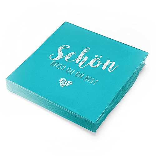 itenga Servietten Schön dass du da bist 30 x 30cm 3-lagig 20 Stück für Kommunion Konfirmation Hochzeit Taufe und andere Feiern (türkisblau)