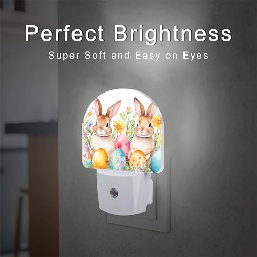 Image of Easter Bunnies and Eggs Night Light for Kids,Cute Easter Rabbit and Flowers Plug in Night Light with Dusk to Dawn Sensor, 0.5w Energy Saving Nightlight for Hallway Stairway Kitchen Bedroom