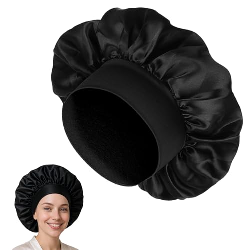 Tupenofif 2 piezas de gorro de dormir de satén para rizos, gorro de seda negro para dormir con banda elástica, gorro anti-frizz para cabello largo y rizado, set de gorros de satén