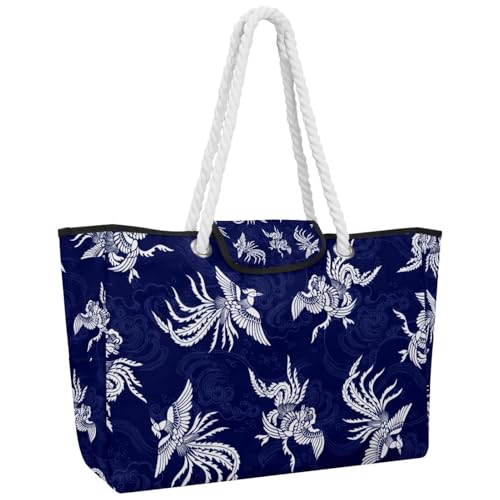 VAPOKF Bolso de mano grande para mujer, bolso de hombro con asa superior para viajes, trabajo, escuela, compras, fénix oriental sobre azul, multicolor, 14.5x20.8x5.5in/37x53x14cm