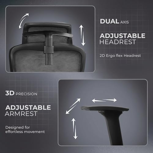 Image of Kepler Brooks Imperia Office Chair for Work | 3-Year Warranty | Ergonomic Office Chair, Study Chair for Home, 2D Headrest, 3D Armrest, Multi Lock Seat Slider Mechanism, Heavy Duty Nylon Base (Black)