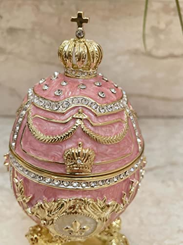 Designer 5* Fine Jewelry Box Pink Sapphire Faberge Style Egg 24Kgold 300 Austrian Crystal Handset Easter Decorative Boxes Birthday Gift For Ladies Bday Hand Painted Fabergé Egg Russian Trinket 5Ct #TOP6