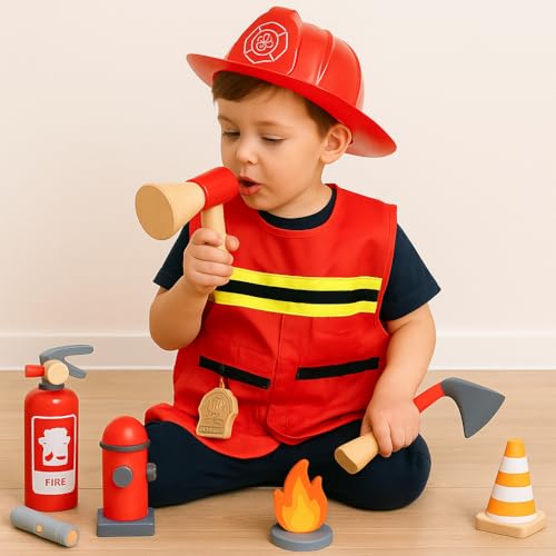 Image of WUDLY Kids Fireman Fire Fighter Costume Pretend Play Dress-up Toy Set