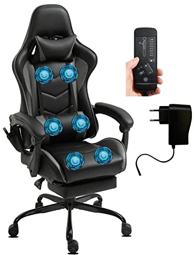 Delman Gaming Stuhl Racing Stuhl Bürostuhl Computerstuhl Massagefunktion mit 6 Vibirationspunkten Chefsessel Kunstleder Ergonomische Fußstütze 0035 (Grau) Cover