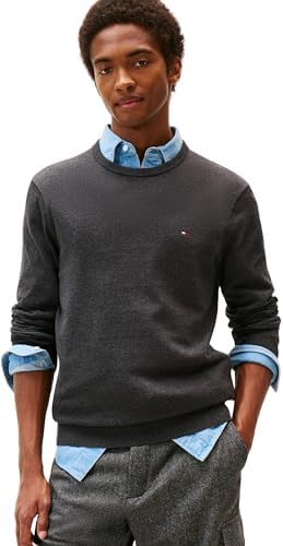 Tommy Hilfiger Uomo Pullover Essential Cotton con Scollo Rotondo, Grigio (Dark Grey Heather), XL