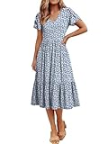 ANRABESS Womens Summer Midi Dresses Casual V Neck Short Sleeve A Line Floral Flowy Tiered Beach Vacation Dress with Pockets Blue White Floral Large