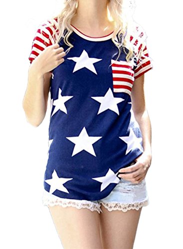 TocaHome American Flag Style Stripes Stars Printed Round Neck Short-Sleeve Tops T-Shirt, L Size
