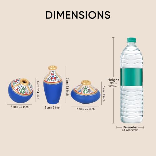 Image of Aakriti Art Creations Rustic Charm Trio Vase Set of 3 | Hand-Painted Warli Art Terracotta Vases in Blue | Matte Finish Decorative Vases for Living Room, Table Decor & Gifting
