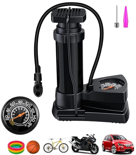 Image of Bike Car Cycle Tyre Air Pump Portable Activated High Pressure Mini Foot Floor Pump with Pressure Gauge Lightweight for Roadtrip Motorbikes, Car, Bicycle, Football and Air Mattress Tubeless