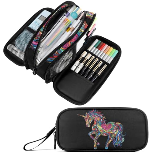 Image of Fustylead Colorful Unicorn for Valentines Day Pen Pencil Case Makeup Pouch Big Capacity Multi-Purpose Travel Bag Office Organizer with Zipper