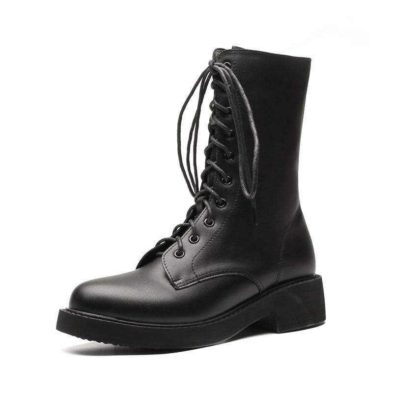 Womens Leather Lace Up Combat Ankle Boots with Side Zipper Fashion Comfortable Round Toe Chunky Heel Mid Calf