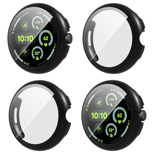 Diruite 4 Stück Hülle für Google Pixel Watch 3 45mm Schutzhülle PC Superdünne HD Hartglas Glas Kratzfest R&um Bildschirmschutz Hülle,Schwarz