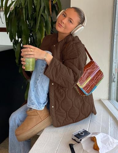 Flygo Women's Oversized Quilted Lightweight Jacket Button Down Puffer Padded Outerwear with Pocket(Coffee-L)4