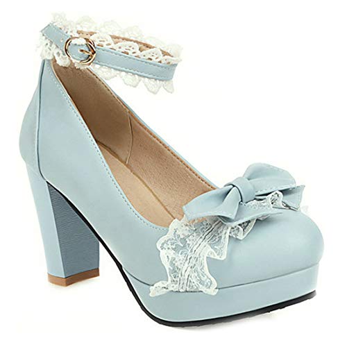 VOKLIN Women's Girls Lolita Platform Mary Jane Pumps Sweet Bow Ankle Strap Block High Heel Oxford Dress Shoes