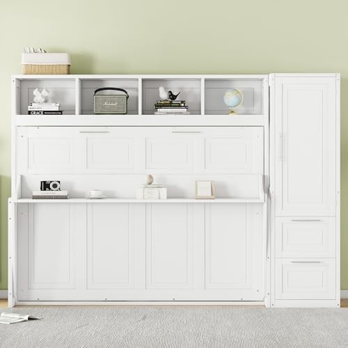 SOFTSEA Full Size Murphy Bed with Closet and Drawers, Wood Wall Bed with Storage Shelves and Cabinet, Folding Bed for Guest Room Small Room Office, Space Saving Murphy Bed, White