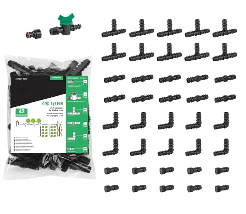 42 accessori per irrigazione a goccia 16 mm – Set di connettori con attacco per rubinetto, valvole, raccordi a T, tappo terminale – per tubo antigoccia da giardino da 16 mm