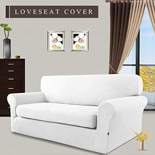 Image of Easy-Going 2 Pieces Stretch Loveseat Couch Sofa Slipcover Washable | Spandex Soft Fitted Sofa Couch Cover for Sofa Furniture Protector with Bottom Kids,Pet Dog Snow white