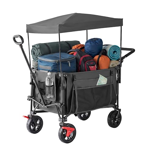 Relaxdays Bollerwagen faltbar 150 kg Dach Teleskop- & Schiebegriff Gummireifen mit Bremse Transportwagen grau