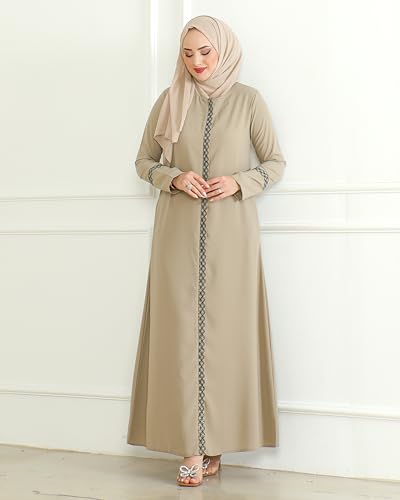 Image of istanbul styles Embroidered Sleeves Abaya with Side Zipper Embroidery Long Sleeve Floor Length Turkish Abaya for Women