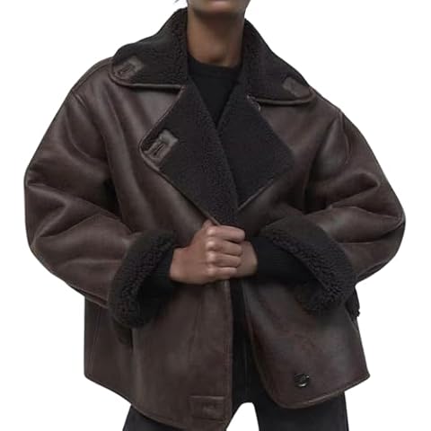 loveimgs Women Thicken Sherpa Lined Faux Suede Jacket Oversized Leather Coat Shearling Fleece Moto Jacket Biker Winter Overcoat (Small, Brown) Cover