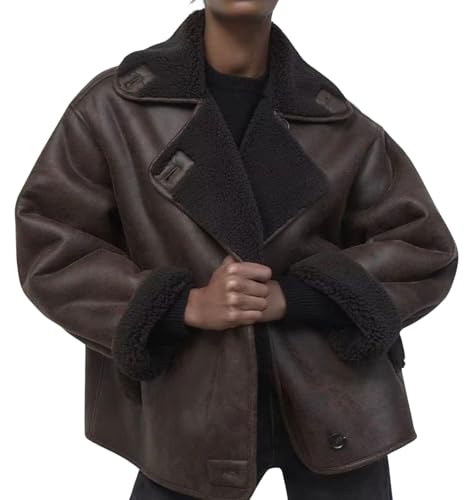 loveimgs Women Thick Sherpa Lined Faux Suede Jacket Oversized Leather Coat Shearling Fleece Moto Jacket Biker Winter Overcoat