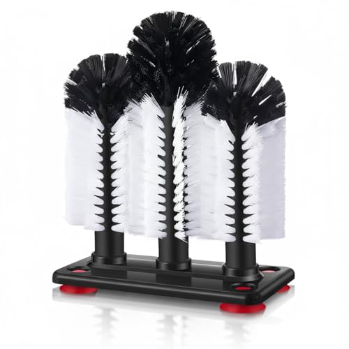 Image of Havawish 1 Pack Water Bottle Cleaning Brush with Suction Base, 3 Head Bristle Bar Glass Washer for Sink, Washer Brush Cleaner for Bar Beer Cup, Wine Glass, Long Leg Cup Kitchen Tools