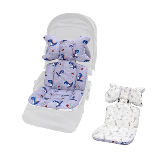 LAT Colchoneta Silla Paseo Universal, Reversible Funda Silla Paseo Universal, Algodón Funda Carro Bebe Universal con Reposacabezas Extraíble para Cochecitos (Dinosaurio+Jirafa)