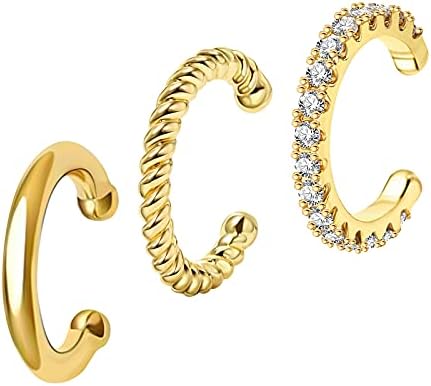 ATCARMOR 3Pcs 14K Gold Plated Cubic Zirconia Ear Cuffs for Non Pierced Ears Women, Hypoallergenic Sparkling Round Huggie Cartilage Earring Jewelry Gifts (gold)