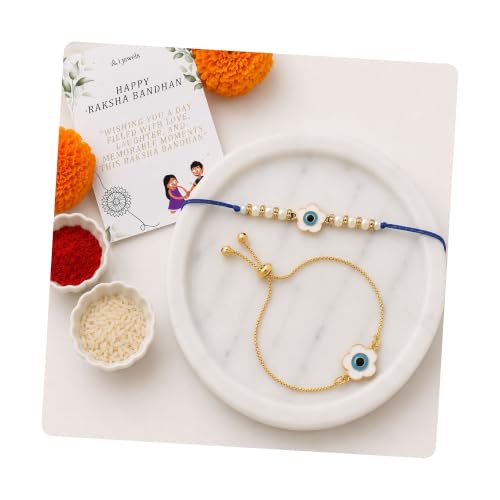 Image of I Jewels Hamsa Enamel Evil Eye Lumba Rakhi Set for Brother and Bhabhi with Roli Chawal and Rakshabandhan Card | Couple Rakhi