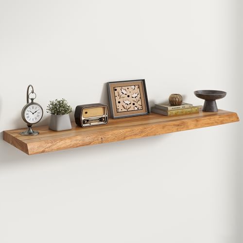 Image of RICHFOCUS Live Edge Elm Floating Shelves - 48 inch W x 9.3 inch D Rustic Solid Wood Wall Shelves with Invisible Bracket, Wall-Mounted for Living Room, Bedroom, Kitchen Storage & Display, Set of 1, Natural