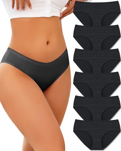 Image of Seamless Underwear for Women No Show Cheeky Low Rise Bikini Jacquard Soft Ladies Panties Breathable Stretch Hipster 6 Pack, Medium Black