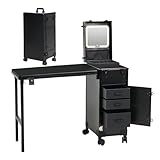 Rolling Portable Manicure Table with 3 Drawers, Lockable Makeup Train Case with Detachable Mirror, Foldable Nail Desk with Wheels & Handle, Mesa de Uñas Profesional para Nail Techs & Salon Use, Black