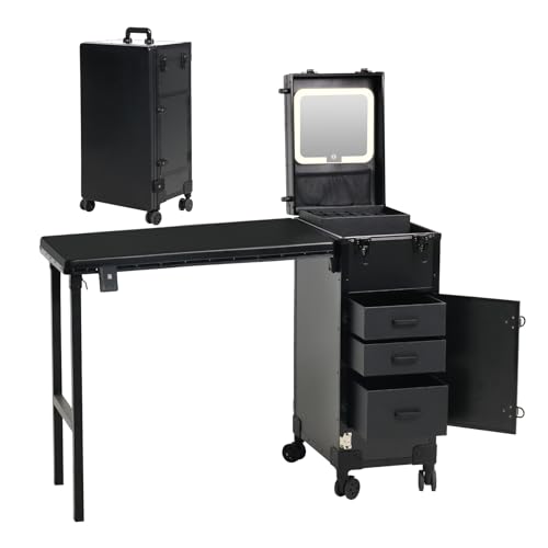 Rolling Portable Manicure Table with 3 Drawers, Lockable Makeup Train Case with Detachable Mirror, Foldable Nail Desk with Wheels & Handle, Mesa de Uñas Profesional para Nail Techs & Salon Use, Black