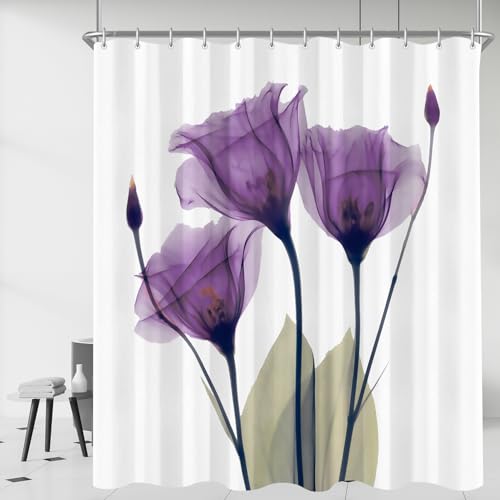 Lerores Duschvorhang 180x200 cm Violette Blumen, Beschwerter Saum Antischimme, Wasserabweisend, Waschbar Polyester Badevorhänge mit 12 Ösen & Duschvorhangringen für Badezimmer, Badewanne