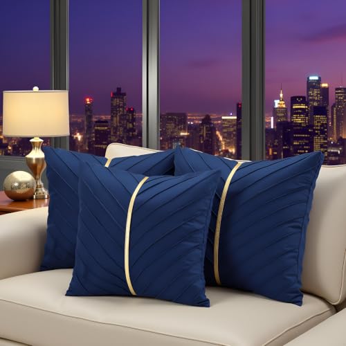 Image of Velvet Throw Pillow Covers 24x24 Pack of 2 Gold Decor Navy Blue