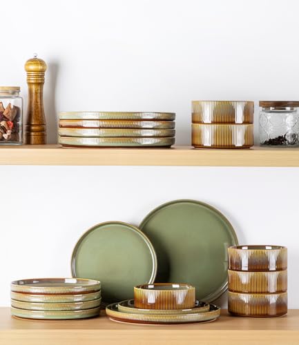Image of TheTerra Ceramic Dinnerware Set for 4, 16-Piece Plates and Bowls Set | Lightweight Porcelain Dish Set, Scratch Resistant, Oven & Microwave & Dishwasher Safe, Sage Umber