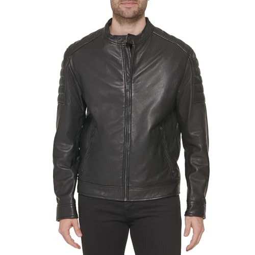 Image of Cole Haan Men's Stand Collar Fully Lined Leather Jacket