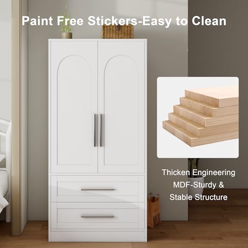 Ipormis I870001306 Wooden Armoire Wardrobe Closet With 2 Drawers, Clothing Storage Cabinet With Shelves Aluminum Hanging Rod, Modern Bedroom Clothing Armoires thumb #4
