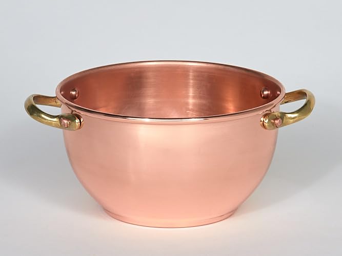 Evocalo Cuenco de Cobre Pulido con Asas de Latón – 13,5 cm Ø x 7,5 cm – Repostería Profesional y Servicio de Guarniciones – Estilo Rústico Artesanal