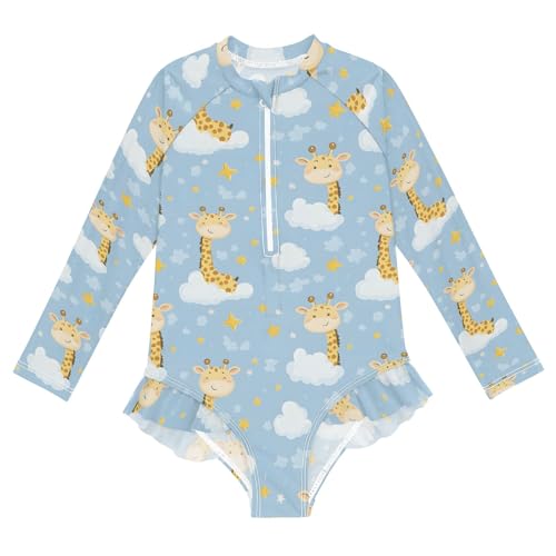 ALAZA Swimsuit for Girls Long Sleeve Rashguard Bathing Suit Giraffe Cloud Blue Quick Dry 4T