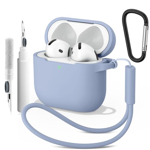 Wanme Cover per AirPods 4 2024 Case con Penna Pulita, Custodia Protettiva in Morbido Silicone per AirPods 4 con Moschettone e Corda Sospesa, LED Visibile