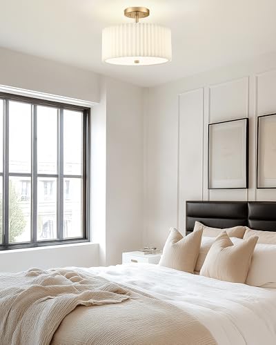 Image of Gold Semi Flush Mount Ceiling Light, 3-Light 12.5 inch Ceiling Light Fixture with White Pleated Fabric Shade, Drum Lamp for Nursery Hallway Bedroom Kitchen, AD-25036-3SF-GD