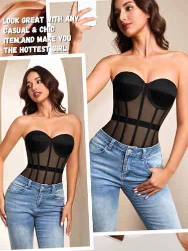 Kaei&Shi Sheer Mesh Overbust Corset,Sexy Strapless Lace Up Satin Bra Corsets Top For Women Shapewear4