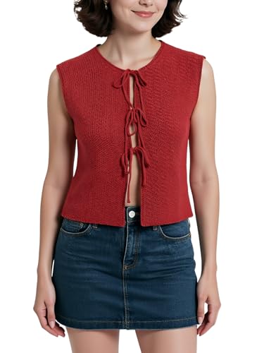 Women's Lace Up Knit Vest Cropped Open Front Light Sleeveless Cardigan Sweater Solid Tops