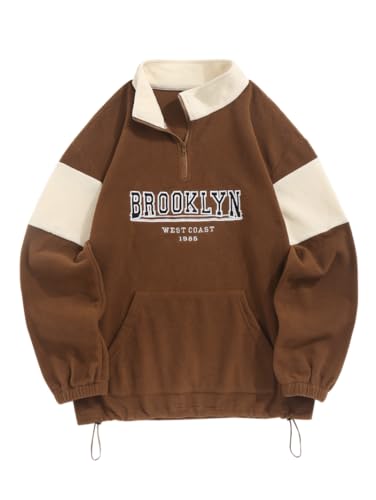 ZAFUL Men's Polar Fleece Sweatshirt BROOKLYN WEST COAST Embroidered Quarter Zip Kangaroo Pocket Color Block Stand Collar Pullover (1-Deep Coffee, S)
