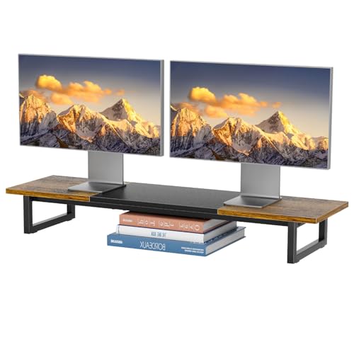 Simple Trending 38 Inch Dual Monitor Stand Riser, Wood and Steel Desktop Organizer for Home Office, Wood and Blck